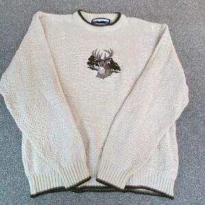 Shenandoah‎ Embroidered Deer Forest Sweater Cream Knit Long Sleeve Size L USA